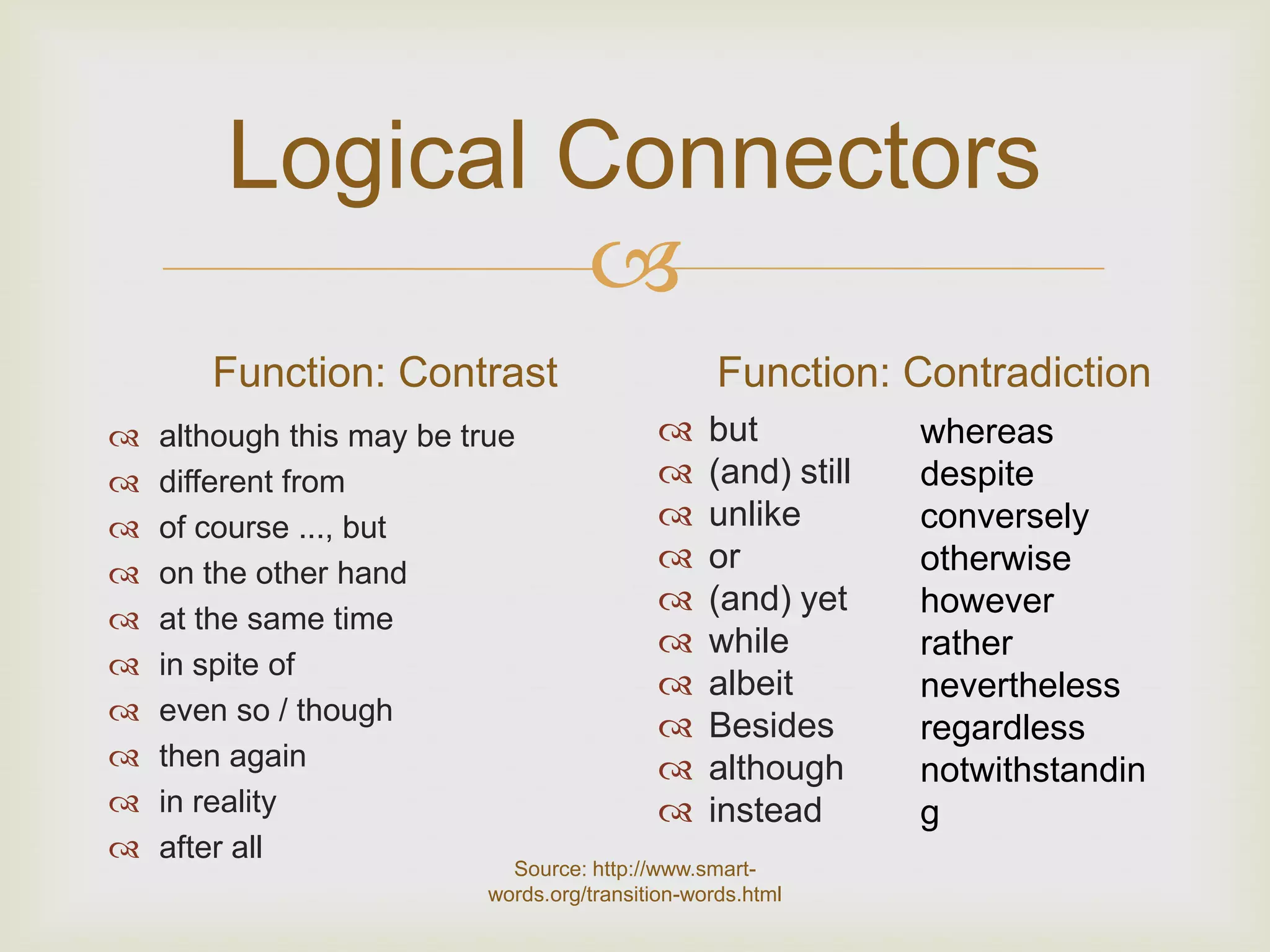 Logical Connectors
                
       Function: Contrast                          Function: Contradiction
   although this may be true                    but           whereas
   different from                               (and) still   despite
   of course ..., but                           unlike        conversely
   on the other hand                            or            otherwise
                                                 (and) yet     however
   at the same time
                                                 while         rather
   in spite of
                                                 albeit        nevertheless
   even so / though
                                                 Besides       regardless
   then again                                   although      notwithstandin
   in reality                                   instead       g
   after all
                             Source: http://www.smart-
                           words.org/transition-words.html
 