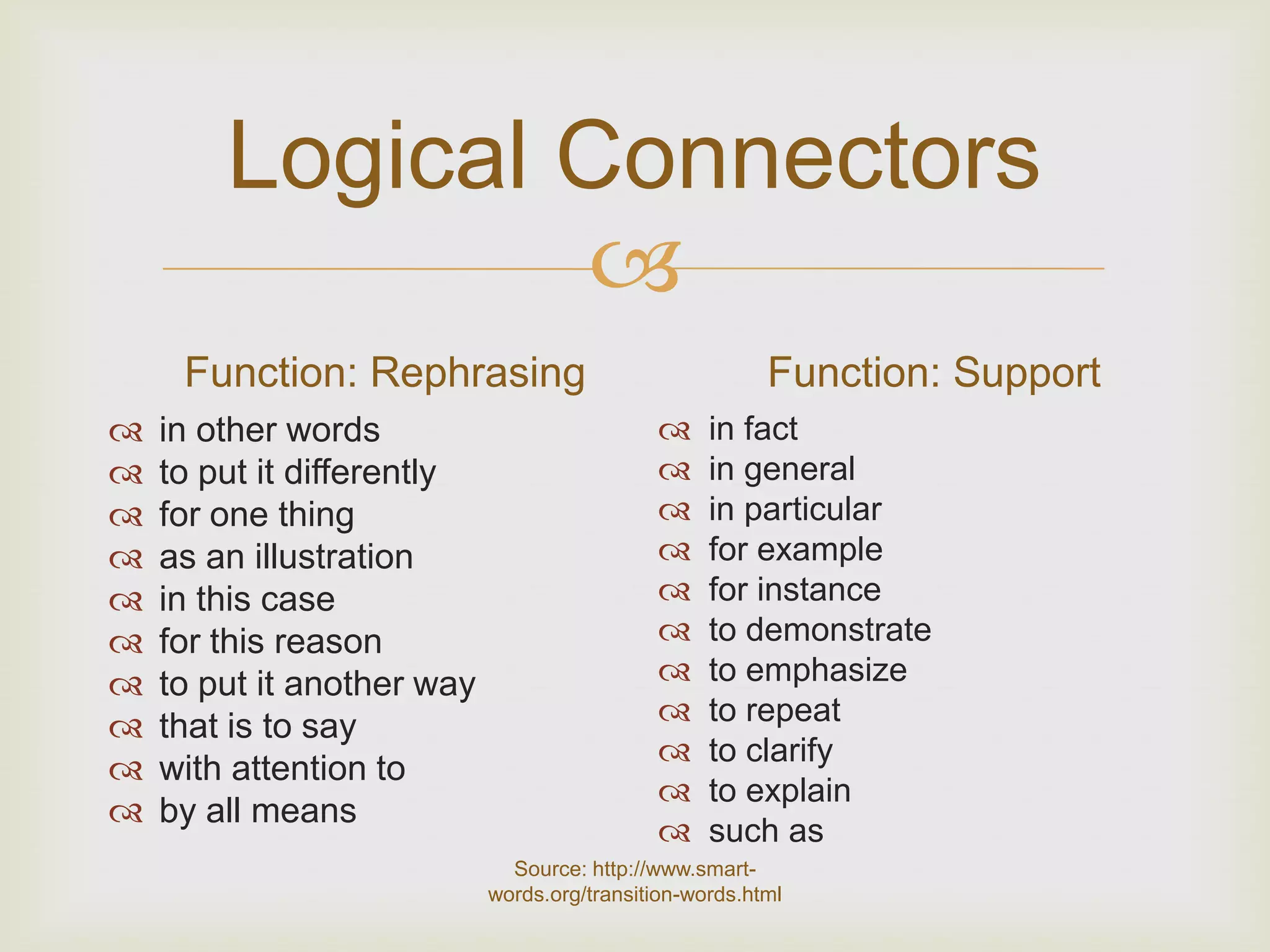 Logical Connectors
                
     Function: Rephrasing                                Function: Support
   in other words                                in fact
   to put it differently                         in general
   for one thing                                 in particular
   as an illustration                            for example
   in this case                                  for instance
   for this reason                               to demonstrate
   to put it another way                         to emphasize
   that is to say                                to repeat
                                                  to clarify
   with attention to
                                                  to explain
   by all means
                                                  such as
                              Source: http://www.smart-
                            words.org/transition-words.html
 