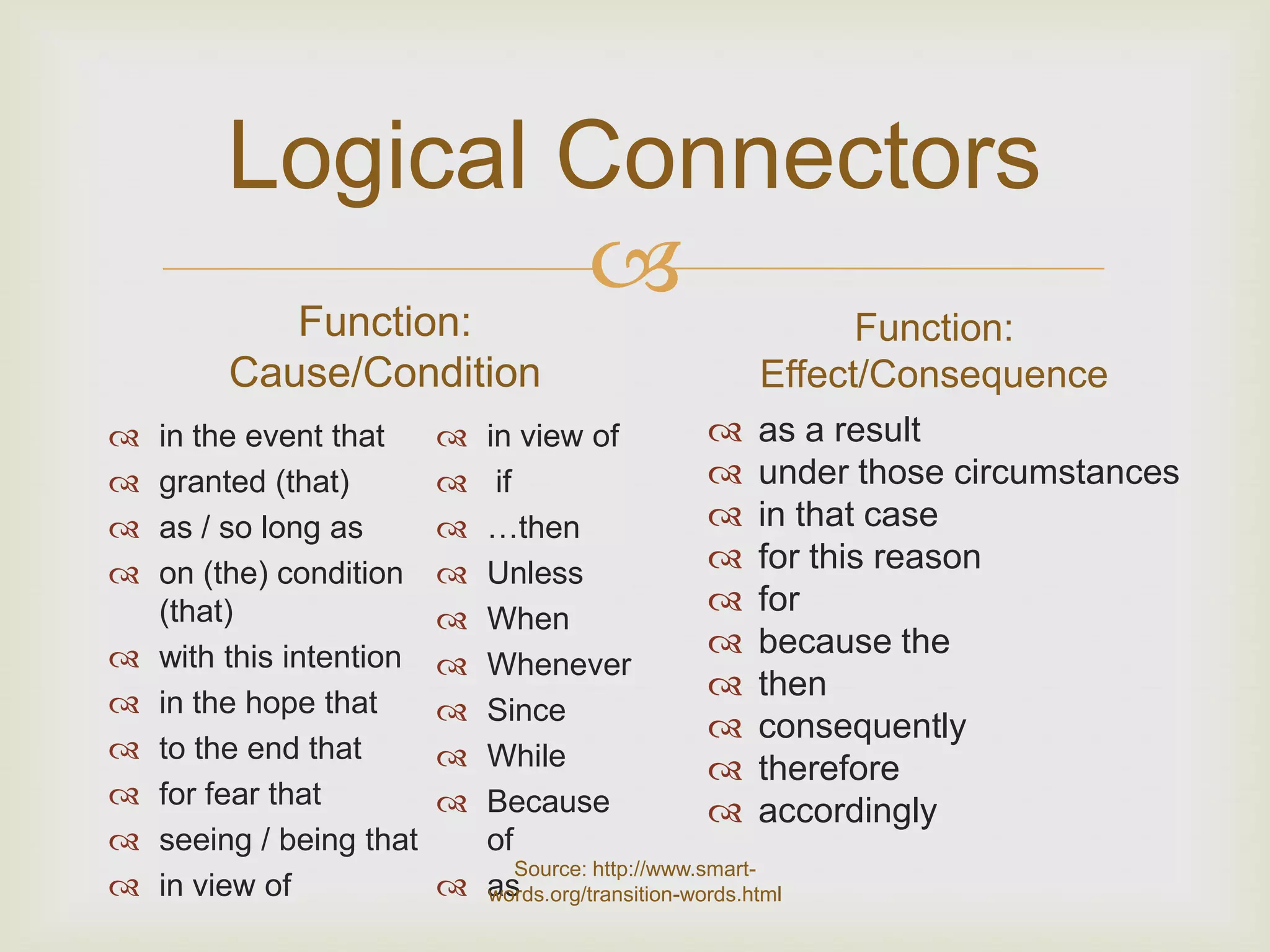 Logical Connectors
         Function:
                   
                                                       Function:
         Cause/Condition                         Effect/Consequence
   in the event that      in view of               as a result
   granted (that)          if                      under those circumstances
   as / so long as        …then                    in that case
   on (the) condition     Unless                   for this reason
    (that)                                           for
                           When
   with this intention                              because the
                           Whenever
                                                     then
   in the hope that       Since
                                                     consequently
   to the end that        While                    therefore
   for fear that          Because                  accordingly
   seeing / being that     of
                                Source: http://www.smart-
   in view of             as
                            words.org/transition-words.html
 