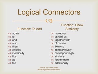 Logical Connectors
                 Function: Show
        Function: To Add                               Similarity
   again                                  moreover
   to                                     as well as
   and                                    together with
   also                                   of course
   then                                   likewise
   equally                                comparatively
   identically                            correspondingly
   like                                   similarly
   as                                     furthermore
   too                                    additionally
                       Source: http://www.smart-
                     words.org/transition-words.html
 