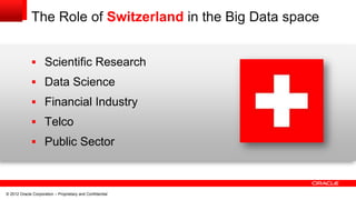 The Role of Switzerland in the Big Data space


              Scientific Research
              Data Science
              Financial Industry
              Telco
              Public Sector



© 2012 Oracle Corporation – Proprietary and Confidential
 