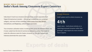 W H E R E I N D I A S T A N D S
India's Rank Among Cinnamon Export Countries
India doesn't track true cinnamon (Cinnamomum verum) separately from
Tejpat (Cinnamomum tamala) — the two get lumped into one combined
category, and most of that combined output comes from West Bengal,
Uttarakhand, and Meghalaya, where Tejpat dominates.
True cinnamon cultivation exists in small pockets across the Western Ghats, but
it never scaled into the kind of commercial plantation system that made Sri
Lanka the reference name for Ceylon cinnamon, or that lets Vietnam and
Indonesia dominate the cassia trade.
GLOBAL RANKING
India's global rank for whole cinnamon, by
4th
export value —built almost entirely on re-
exporting processed cinnamon rather than
growing it. India imports far more cinnamon
than it exports.
Experts of Deals • expertsofdeals.com 03
 
