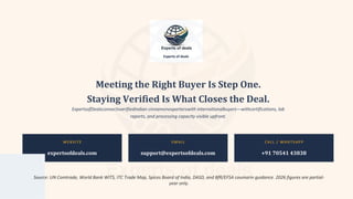 Experts of deals
Meeting the Right Buyer Is Step One.
Staying Verified Is What Closes the Deal.
ExpertsofDealsconnectsverifiedIndian cinnamonexporterswith internationalbuyers—withcertifications, lab
reports, and processing capacity visible upfront.
WEBSITE EMAIL CALL / WHATSAPP
expertsofdeals.com support@expertsofdeals.com +91 70541 43838
Source: UN Comtrade, World Bank WITS, ITC Trade Map, Spices Board of India, DASD, and BfR/EFSA coumarin guidance. 2026 figures are partial-
year only.
 
