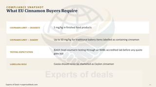 C O M P L I A N C E S N A P S H O T
What EU Cinnamon Buyers Require
LABELLING RULE
TESTING EXPECTATION
COUMARIN LIMIT — BAKERY
COUMARIN LIMIT — DESSERTS 5 mg/kg in finished food products
Cassia should never be marketed as Ceylon cinnamon
Up to 50 mg/kg for traditional bakery items labelled as containing cinnamon
Batch-level coumarin testing through an NABL-accredited lab before any quote
goes out
Experts of Deals • expertsofdeals.com 09
 