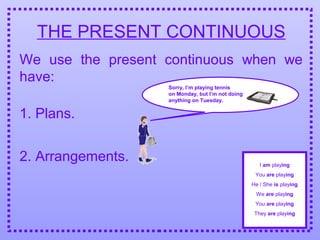 THE PRESENT CONTINUOUS
We use the present continuous when we
have:
2. Arrangements.
Sorry, I’m playing tennis
on Monday, but I’m not doing
anything on Tuesday.
1. Plans.
I am playing
You are playing
He / She is playing
We are playing
You are playing
They are playing
 