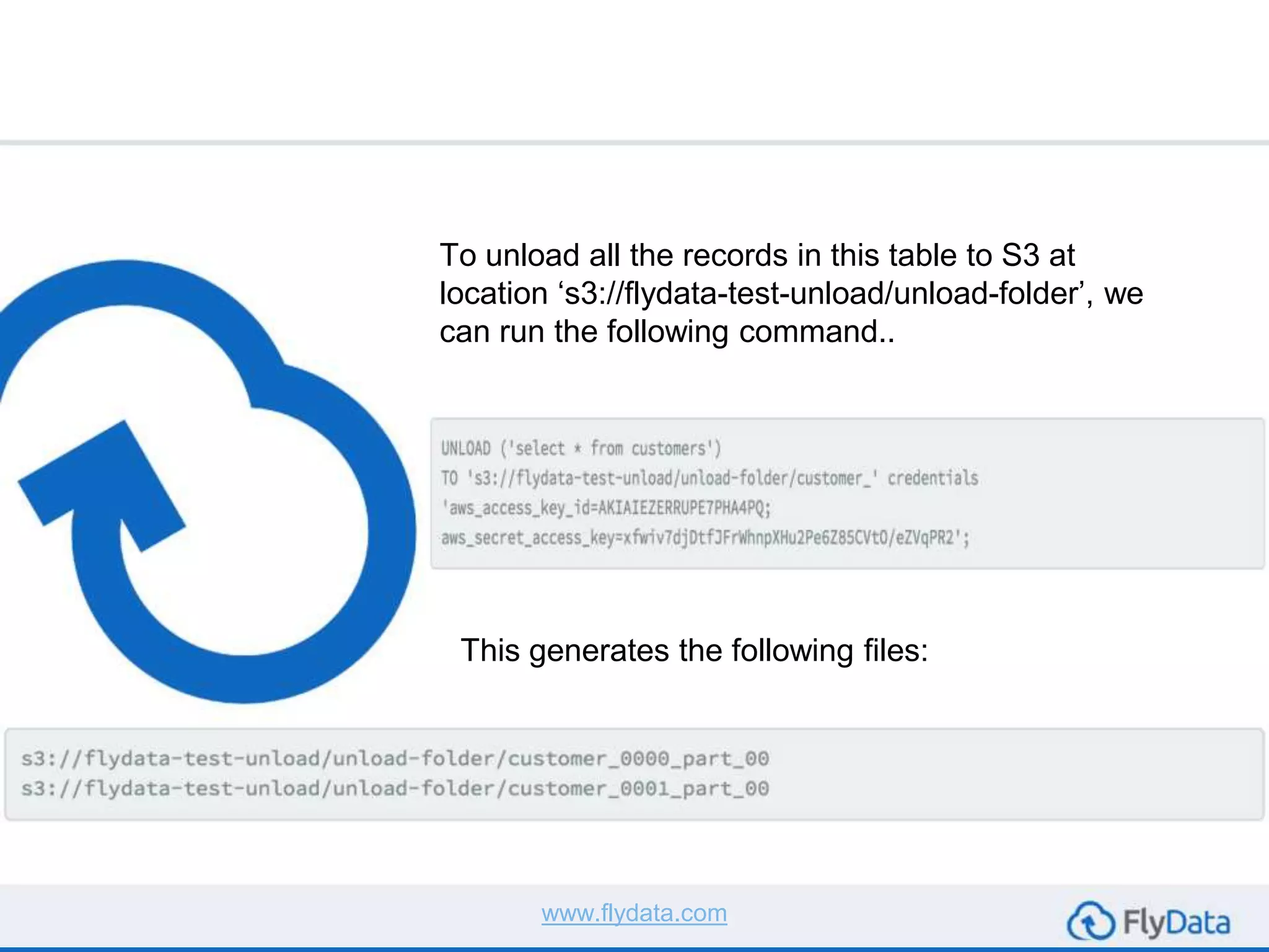 To unload all the records in this table to S3 at
location ‘s3://flydata-test-unload/unload-folder’, we
can run the following command..
This generates the following files:
www.flydata.com
 