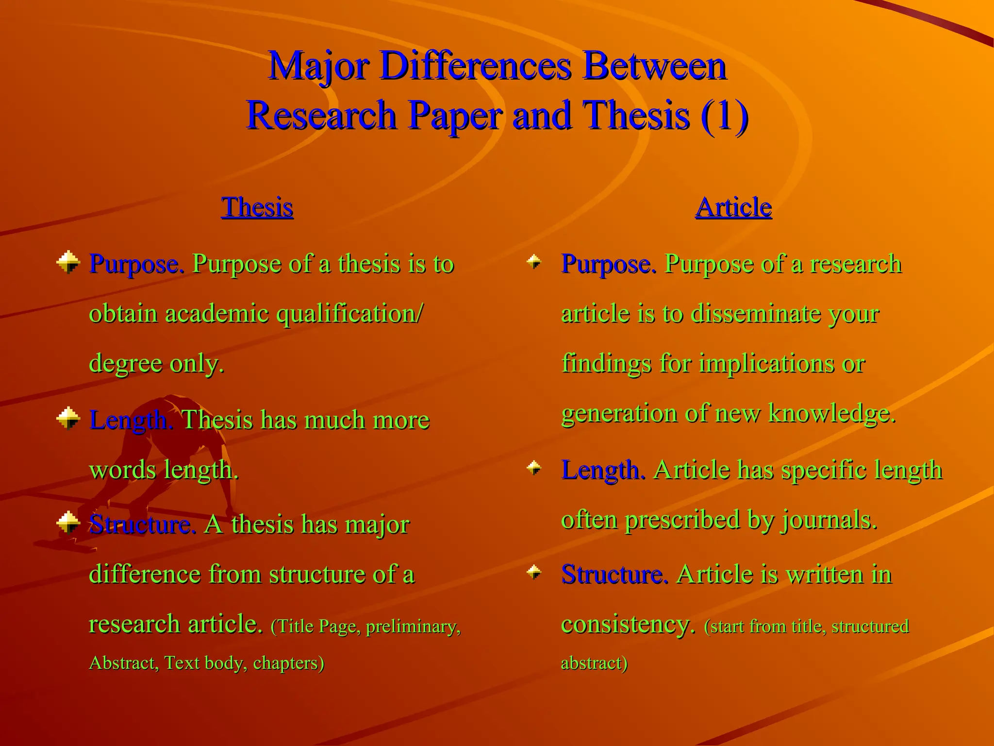 Major Differences Between
Major Differences Between
Research Paper and Thesis (1)
Research Paper and Thesis (1)
Thesis
Thesis
Purpose.
Purpose. Purpose of a thesis is to
Purpose of a thesis is to
obtain academic qualification/
obtain academic qualification/
degree only.
degree only.
Length.
Length. Thesis has much more
Thesis has much more
words length.
words length.
Structure.
Structure. A thesis has major
A thesis has major
difference from structure of a
difference from structure of a
research article.
research article. (Title Page, preliminary,
(Title Page, preliminary,
Abstract, Text body, chapters)
Abstract, Text body, chapters)
Article
Article
Purpose.
Purpose. Purpose of a research
Purpose of a research
article is to disseminate your
article is to disseminate your
findings for implications or
findings for implications or
generation of new knowledge.
generation of new knowledge.
Length.
Length. Article has specific length
Article has specific length
often prescribed by journals.
often prescribed by journals.
Structure.
Structure. Article is written in
Article is written in
consistency.
consistency. (start from title, structured
(start from title, structured
abstract)
abstract)
 