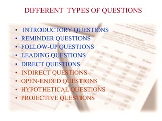 DIFFERENT  TYPES OF QUESTIONS INTRODUCTORY QUESTIONS REMINDER QUESTIONS FOLLOW-UP QUESTIONS LEADING QUESTIONS DIRECT QUESTIONS INDIRECT QUESTIONS OPEN-ENDED QUESTIONS HYPOTHETICAL QUESTIONS PROJECTIVE QUESTIONS 