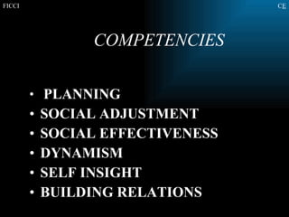   COMPETENCIES   PLANNING SOCIAL ADJUSTMENT SOCIAL EFFECTIVENESS DYNAMISM SELF INSIGHT BUILDING RELATIONS 