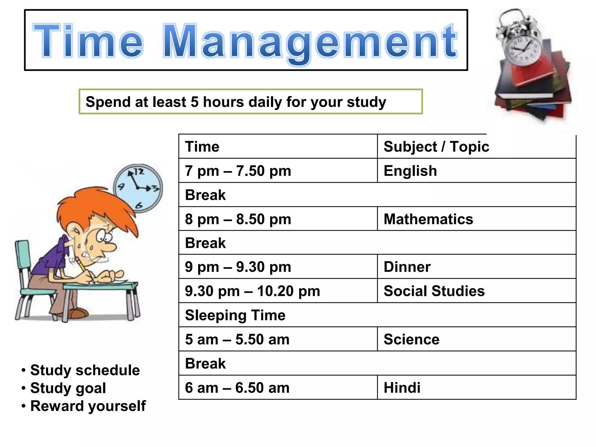 Time Subject / Topic
7 pm – 7.50 pm English
Break
8 pm – 8.50 pm Mathematics
Break
9 pm – 9.30 pm Dinner
9.30 pm – 10.20 pm Social Studies
Sleeping Time
5 am – 5.50 am Science
Break
6 am – 6.50 am Hindi
Spend at least 5 hours daily for your study
• Study schedule
• Study goal
• Reward yourself
 