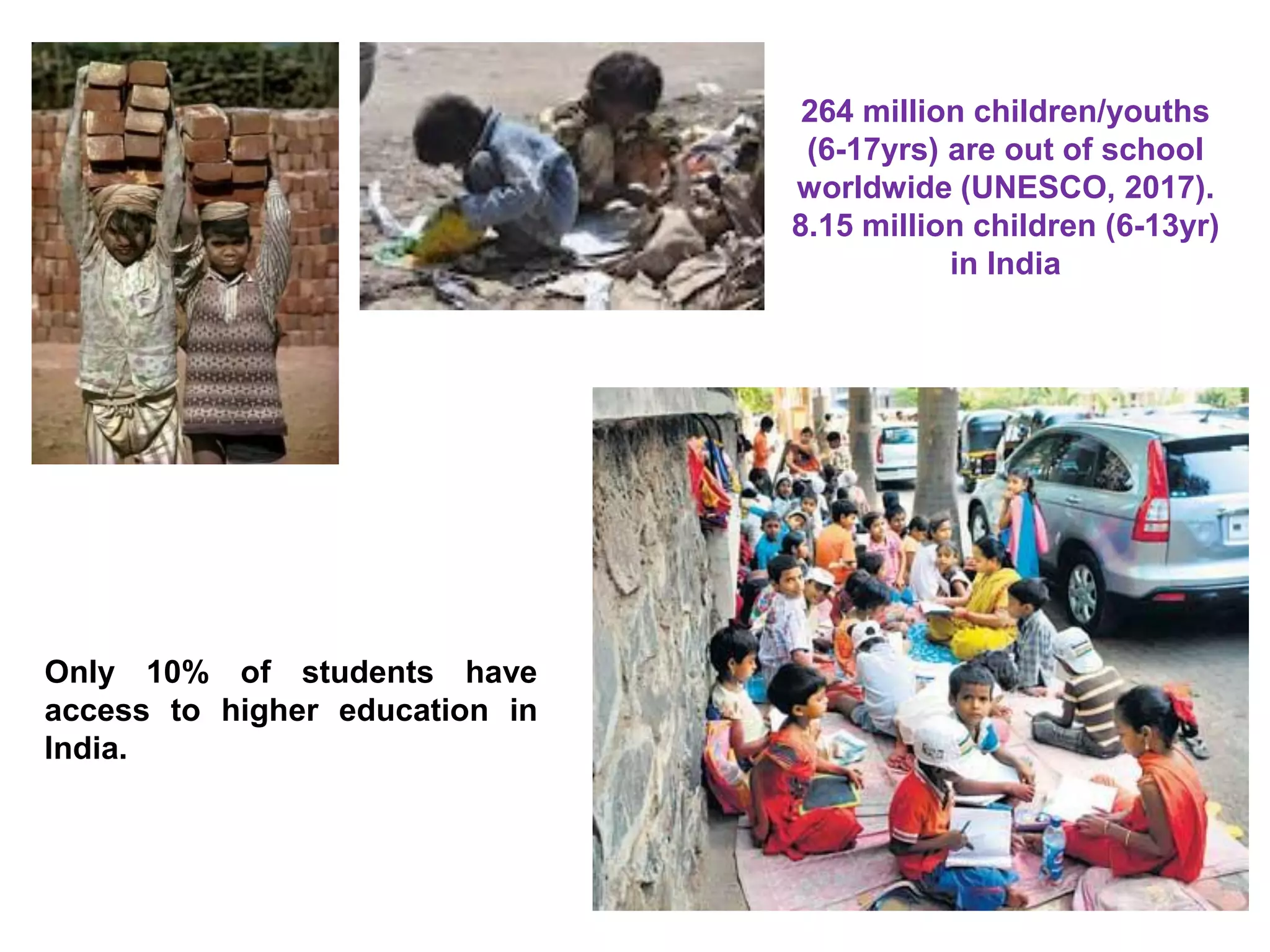 264 million children/youths
(6-17yrs) are out of school
worldwide (UNESCO, 2017).
8.15 million children (6-13yr)
in India
Only 10% of students have
access to higher education in
India.
 