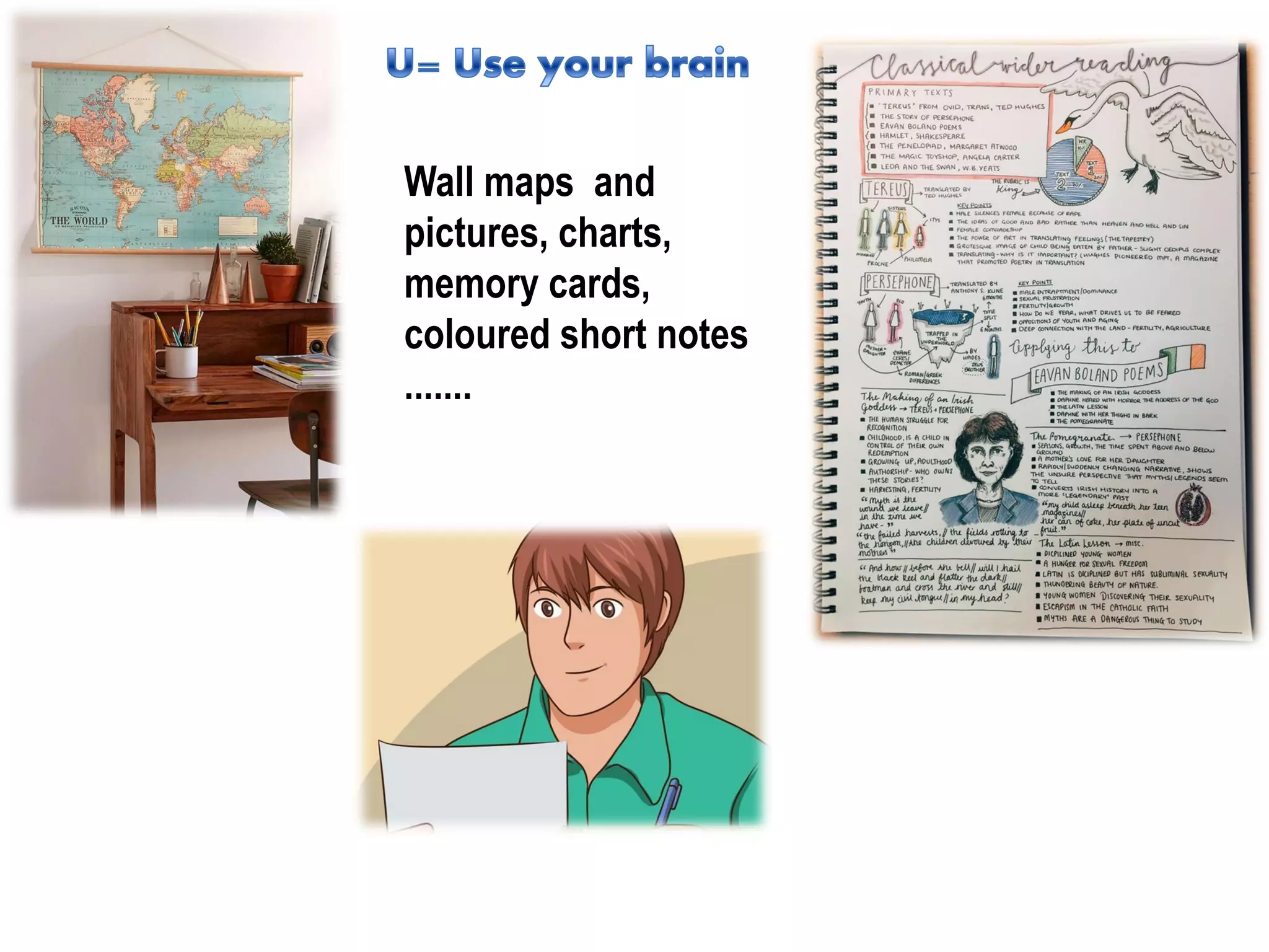 Wall maps and
pictures, charts,
memory cards,
coloured short notes
.......
 
