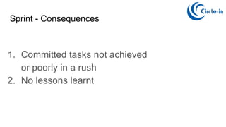 Sprint - Consequences
1. Committed tasks not achieved
or poorly in a rush
2. No lessons learnt
 