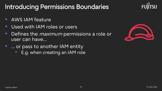 FUJITSU-PUBLIC 12 © Fujitsu 2025
Introducing Permissions Boundaries
• AWS IAM feature
• Used with IAM roles or users
• Defines the maximum permissions a role or
user can have…
• ... or pass to another IAM entity
• E.g. when creating an IAM role
 