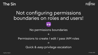 FUJITSU-PUBLIC 13 © Fujitsu 2025
The Sin
Not configuring permissions
boundaries on roles and users!
No permissions boundaries
+
Permissions to create / edit / pass IAM roles
=
Quick & easy privilege escalation
 