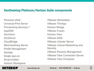 XenDesktop Platinum/Horizon Suite components
Personal vDisk
Universal Print Server
Provisioning Services 7
AppDNA
XenClient
XenServer
CloudBridge
Merchandising Server
Profile Management
XenApp
Single sign-on
Smart Auditor
Horizon Workspace

VMware Workstation
VMware ThinApp
Horizon Mirage
VMware Fusion
Horizon View
VMware ESXi
VMware vCenter Server
VMware vCloud Networking and
Security
VMware Persona Management
VMware View Connection Server
VMware View Composer

 