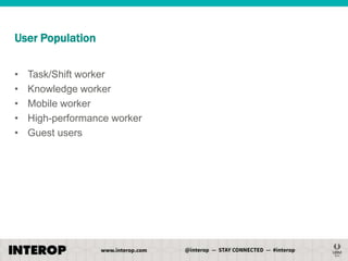 User Population
•
•
•
•
•

Task/Shift worker
Knowledge worker
Mobile worker
High-performance worker
Guest users

 