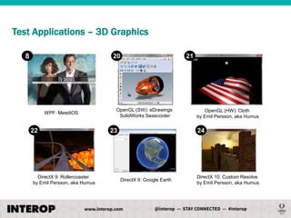 Test Applications – 3D Graphics
8

20

WPF: MeediOS

22

DirectX 9: Rollercoaster
by Emil Persson, aka Humus

21

OpenGL (SW): eDrawings
SolidWorks Seascooter

23

OpenGL (HW): Cloth
by Emil Persson, aka Humus

24

DirectX 9: Google Earth

DirectX 10: Custom Resolve
by Emil Persson, aka Humus

 