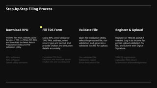Step-by-Step Filing Process
Visit the TIN-NSDL website, go to
Services > TDS > e-TDS/e-TCS RPU,
and download the latest Return
Preparation Utility and File
Validation Utility.
Using RPU, enter deductor
TAN, PAN, address, select
return type and period, and
provide challan and deductee
details accurately.
Open File Validation Utility,
select the prepared file, run
validation, and generate a
validated .fvu file for upload.
Download RPU Fill TDS Form Validate File
Register on TRACES portal if
needed. Log in to Income Tax
portal, upload validated .fvu
file, and submit with Digital
Signature.
Register & Upload
RPU software
FVU software
Latest utility versions
Completed TDS form
Deductor and deductee details
Challan info and tax deducted
.fvu validated file
Validation report
Error-free return file
TRACES registration
Uploaded TDS return
Submission acknowledgement
 