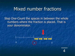 Mixed number fractions
Step One-Count the spaces in between the whole
  numbers where the fraction is placed. That is
  your denominator.




        0            1            2



                                           4
 