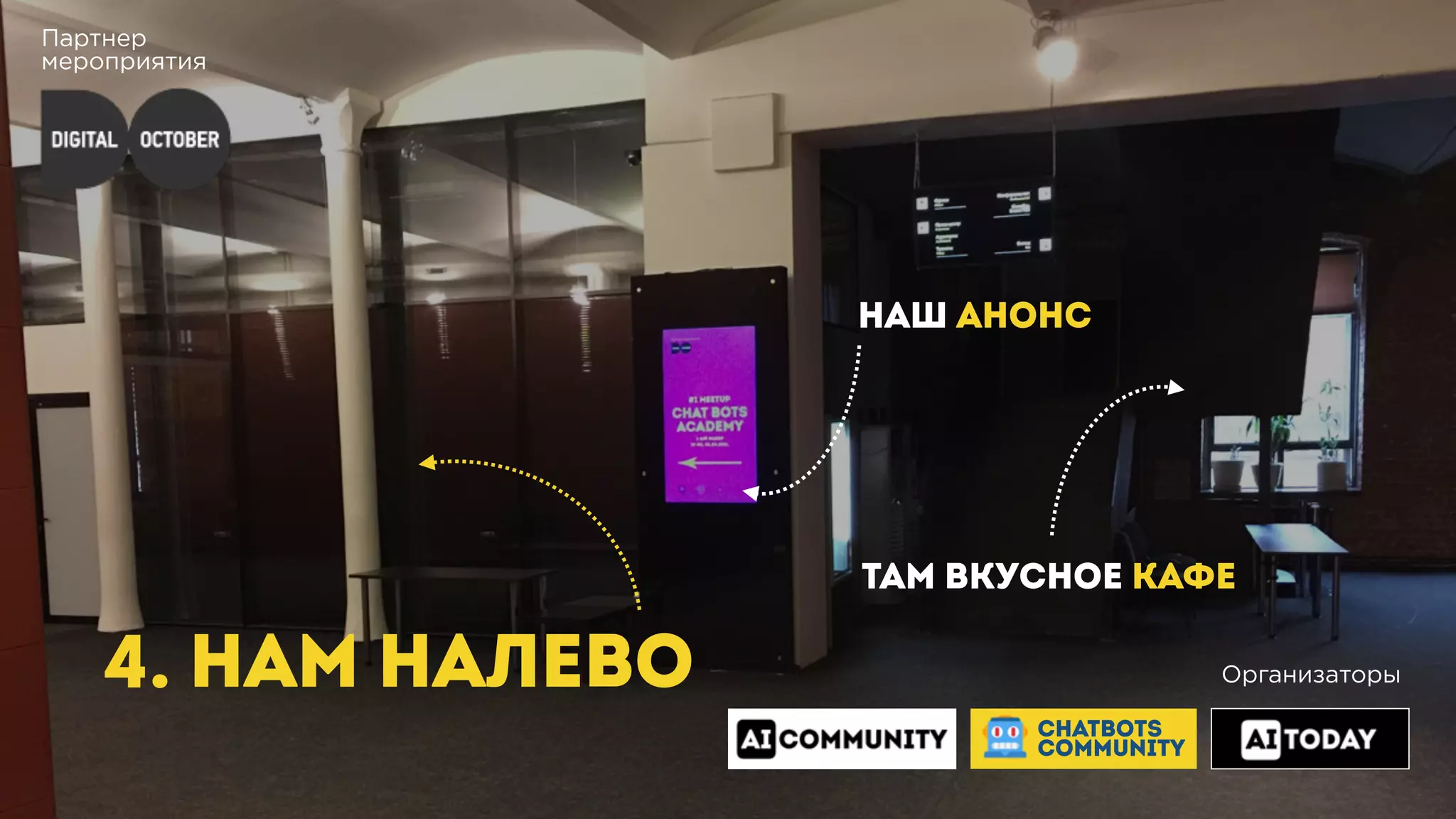 Партнер
мероприятия
4. НАМ НАЛЕВО
ТАМ ВКУСНОЕ КАФЕ
НАШ АНОНС
Организаторы
CHATBOTS
COMMUNITY
 