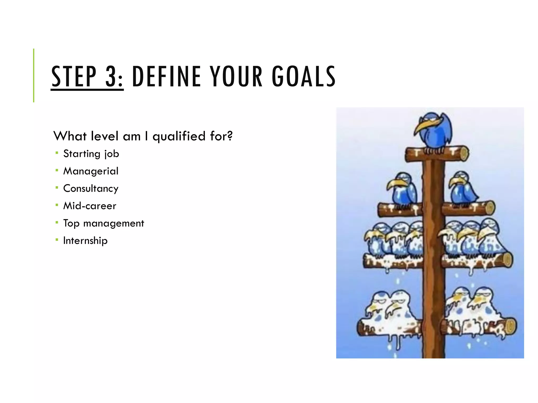 STEP 3: DEFINE YOUR GOALS
What level am I qualified for?
 Starting job
 Managerial
 Consultancy
 Mid-career
 Top management
 Internship
 