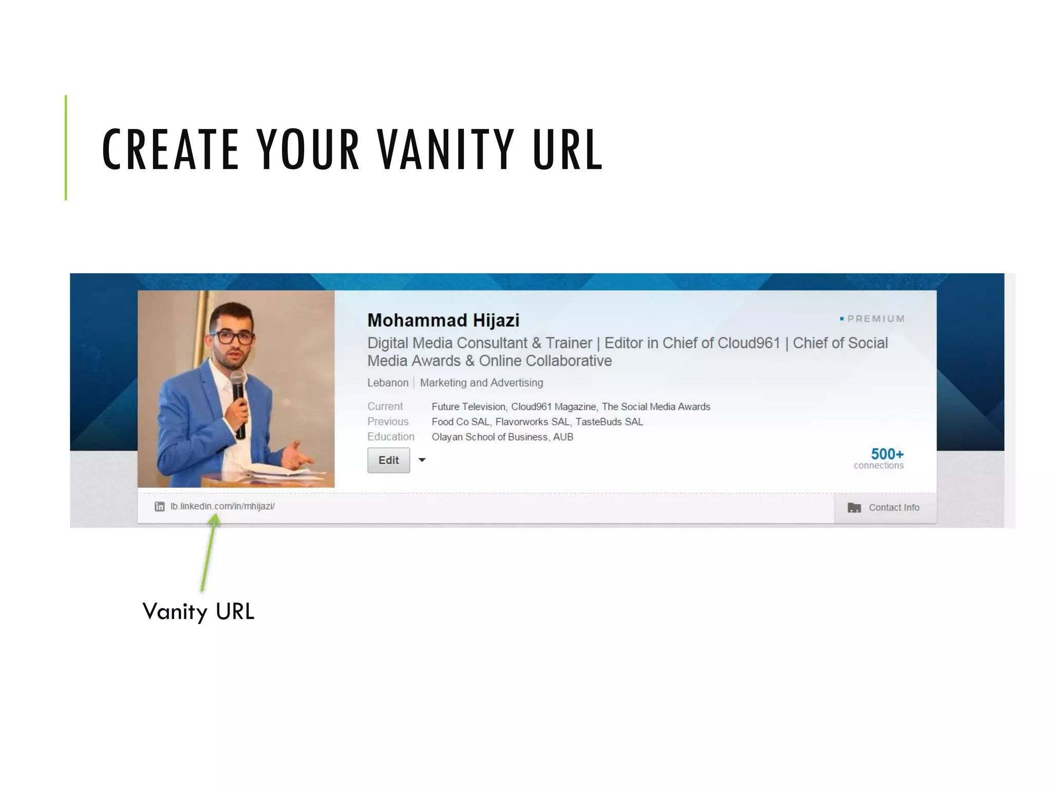 CREATE YOUR VANITY URL
Vanity URL
 