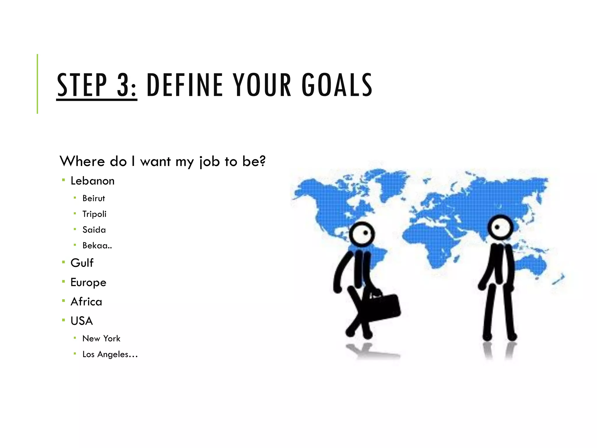STEP 3: DEFINE YOUR GOALS
Where do I want my job to be?
 Lebanon
 Beirut
 Tripoli
 Saida
 Bekaa..
 Gulf
 Europe
 Africa
 USA
 New York
 Los Angeles…
 