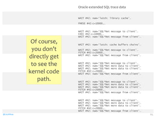 Oracle 
extended 
SQL 
trace 
data 
WAIT #42: nam='latch: library cache'… 
PARSE #42:c=10000,… 
WAIT #42: nam='SQL*Net message to client'… 
EXEC #42:c=10000,… 
WAIT #42: nam='SQL*Net message from client'… 
WAIT #42: nam='latch: cache buffers chains'… 
WAIT #42: nam='SQL*Net message to client'… 
FETCH #42:c=20000,… 
WAIT #42: nam='SQL*Net message from client'… 
WAIT #42: nam='SQL*Net message to client'… 
WAIT #42: nam='SQL*Net more data to client'… 
WAIT #42: nam='SQL*Net more data to client'… 
FETCH #42:c=20000,… 
WAIT #42: nam='SQL*Net message from client'… 
WAIT #42: nam='SQL*Net message to client'… 
WAIT #42: nam='SQL*Net more data to client'… 
WAIT #42: nam='SQL*Net more data to client'… 
FETCH #42:c=20000,… 
WAIT #42: nam='SQL*Net message from client'… 
WAIT #42: nam='SQL*Net message to client'… 
WAIT #42: nam='SQL*Net more data to client'… 
WAIT #42: nam='SQL*Net more data to client'… 
FETCH #42:c=20000,… 
WAIT #42: nam='SQL*Net message from client'… 
Of 
course, 
you 
don’t 
directly 
get 
to 
see 
the 
kernel 
code 
path. 
@CaryMillsap 65 
 