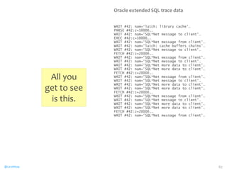 Oracle 
extended 
SQL 
trace 
data 
WAIT #42: nam='latch: library cache'… 
PARSE #42:c=10000,… 
WAIT #42: nam='SQL*Net message to client'… 
EXEC #42:c=10000,… 
WAIT #42: nam='SQL*Net message from client'… 
WAIT #42: nam='latch: cache buffers chains'… 
WAIT #42: nam='SQL*Net message to client'… 
FETCH #42:c=20000,… 
WAIT #42: nam='SQL*Net message from client'… 
WAIT #42: nam='SQL*Net message to client'… 
WAIT #42: nam='SQL*Net more data to client'… 
WAIT #42: nam='SQL*Net more data to client'… 
FETCH #42:c=20000,… 
WAIT #42: nam='SQL*Net message from client'… 
WAIT #42: nam='SQL*Net message to client'… 
WAIT #42: nam='SQL*Net more data to client'… 
WAIT #42: nam='SQL*Net more data to client'… 
FETCH #42:c=20000,… 
WAIT #42: nam='SQL*Net message from client'… 
WAIT #42: nam='SQL*Net message to client'… 
WAIT #42: nam='SQL*Net more data to client'… 
WAIT #42: nam='SQL*Net more data to client'… 
FETCH #42:c=20000,… 
WAIT #42: nam='SQL*Net message from client'… 
All 
you 
get 
to 
see 
is 
this. 
@CaryMillsap 67 
 