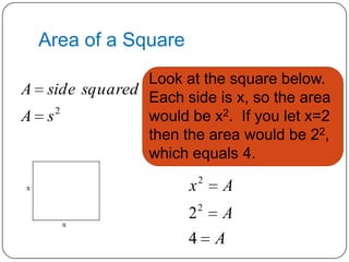 Area of a SquareLook at the square below.Each side is x, so the areawould be x2.  If you let x=2then the area would be 22, which equals 4.