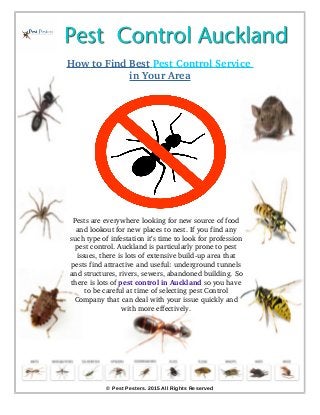 How to Find Best      Pest Control Service 
in Your Area
Pests are everywhere looking for new source of food
and lookout for new places to nest. If you find any
such type of infestation it’s time to look for profession
pest control. Auckland is particularly prone to pest
issues, there is lots of extensive build­up area that
pests find attractive and useful: underground tunnels
and structures, rivers, sewers, abandoned building. So
there is lots of pest control in Auckland so you have
to be careful at time of selecting pest Control
Company that can deal with your issue quickly and
with more effectively.
© Pest Pesters. 2015 All Rights Reserved
 