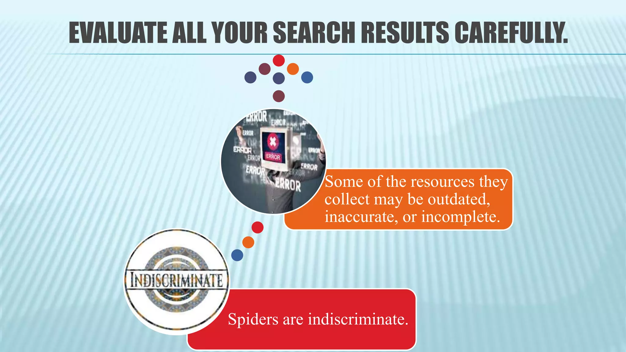 EVALUATE ALL YOUR SEARCH RESULTS CAREFULLY.
Spiders are indiscriminate.
Some of the resources they
collect may be outdated,
inaccurate, or incomplete.
 