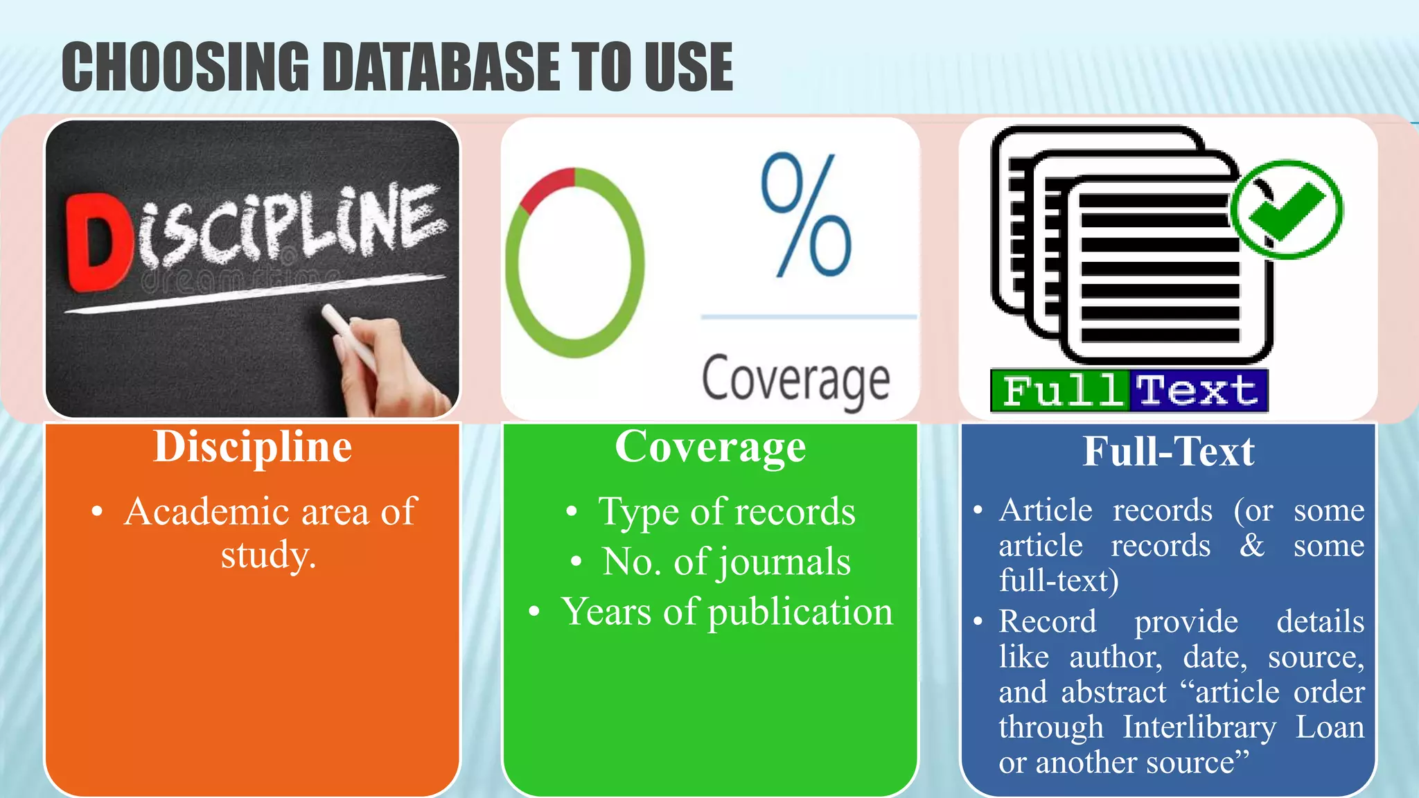 CHOOSING DATABASE TO USE
Discipline
• Academic area of
study.
Coverage
• Type of records
• No. of journals
• Years of publication
Full-Text
• Article records (or some
article records & some
full-text)
• Record provide details
like author, date, source,
and abstract “article order
through Interlibrary Loan
or another source”
 