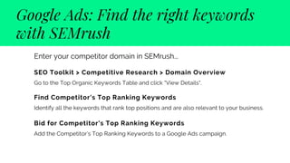 Google Ads: Find the right keywords
with SEMrush
SEO Toolkit > Competitive Research > Domain Overview 
Go to the Top Organic Keywords Table and click "View Details".
Find Competitor's Top Ranking Keywords
Identify all the keywords that rank top positions and are also relevant to your business.
Bid for Competitor's Top Ranking Keywords
Add the Competitor's Top Ranking Keywords to a Google Ads campaign.
Enter your competitor domain in SEMrush...
 
