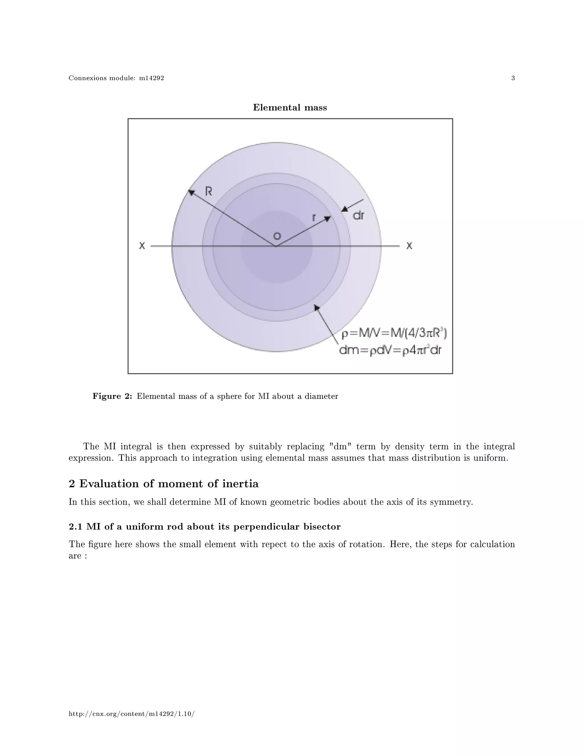 Connexions module: m14292 3
Elemental mass
Figure 2: Elemental mass of a sphere for MI about a diameter
The MI integral is then expressed by suitably replacing dm term by density term in the integral
expression. This approach to integration using elemental mass assumes that mass distribution is uniform.
2 Evaluation of moment of inertia
In this section, we shall determine MI of known geometric bodies about the axis of its symmetry.
2.1 MI of a uniform rod about its perpendicular bisector
The gure here shows the small element with repect to the axis of rotation. Here, the steps for calculation
are :
http://cnx.org/content/m14292/1.10/
 
