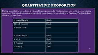 QUANTITATIVE PROPORTION
During quantitative proportion of vulnerable groups, secondary data analysis was performed on existing
data about districts of vulnerable groups in 25 most disaster prone districts of Pakistan. The list of these
districts are as follows:
1. North Karachi Sindh
2.South Karachi Sindh
3. East Karachi Sindh
4. West Karachi Sindh
5. Malir Sindh
6. Korangi Sindh
7. Hattian AJK
7
 