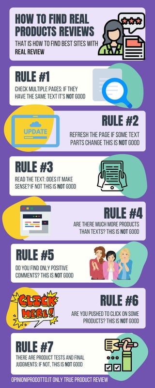 refresh the page if some text
parts change this is not good
read the text: does it make
sense? if not this is not good
are there much more products
than texts? this is not good
that is how to find best sites with
real review
there are product tests and final
judgments: if not, this is not good
check multiple pages: if they
have the same text it's not good
do you find only positive
comments? This is not good
are you pushed to click on some
products? this is not good
opinioniprodotto.it only true product review
 
