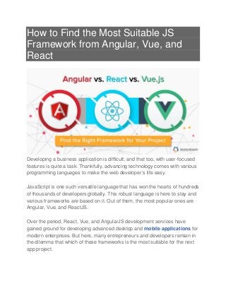 How to Find the Most Suitable JS
Framework from Angular, Vue, and
React
Developing a business application is difficult; and that too, with user-focused
features is quite a task. Thankfully, advancing technology comes with various
programming languages to make the web developer’s life easy.
JavaScript is one such versatile language that has won the hearts of hundreds
of thousands of developers globally. This robust language is here to stay and
various frameworks are based on it. Out of them, the most popular ones are
Angular, Vue, and ReactJS.
Over the period, React, Vue, and AngularJS development services have
gained ground for developing advanced desktop and mobile applications for
modern enterprises. But here, many entrepreneurs and developers remain in
the dilemma that which of these frameworks is the most suitable for the next
app project.
 