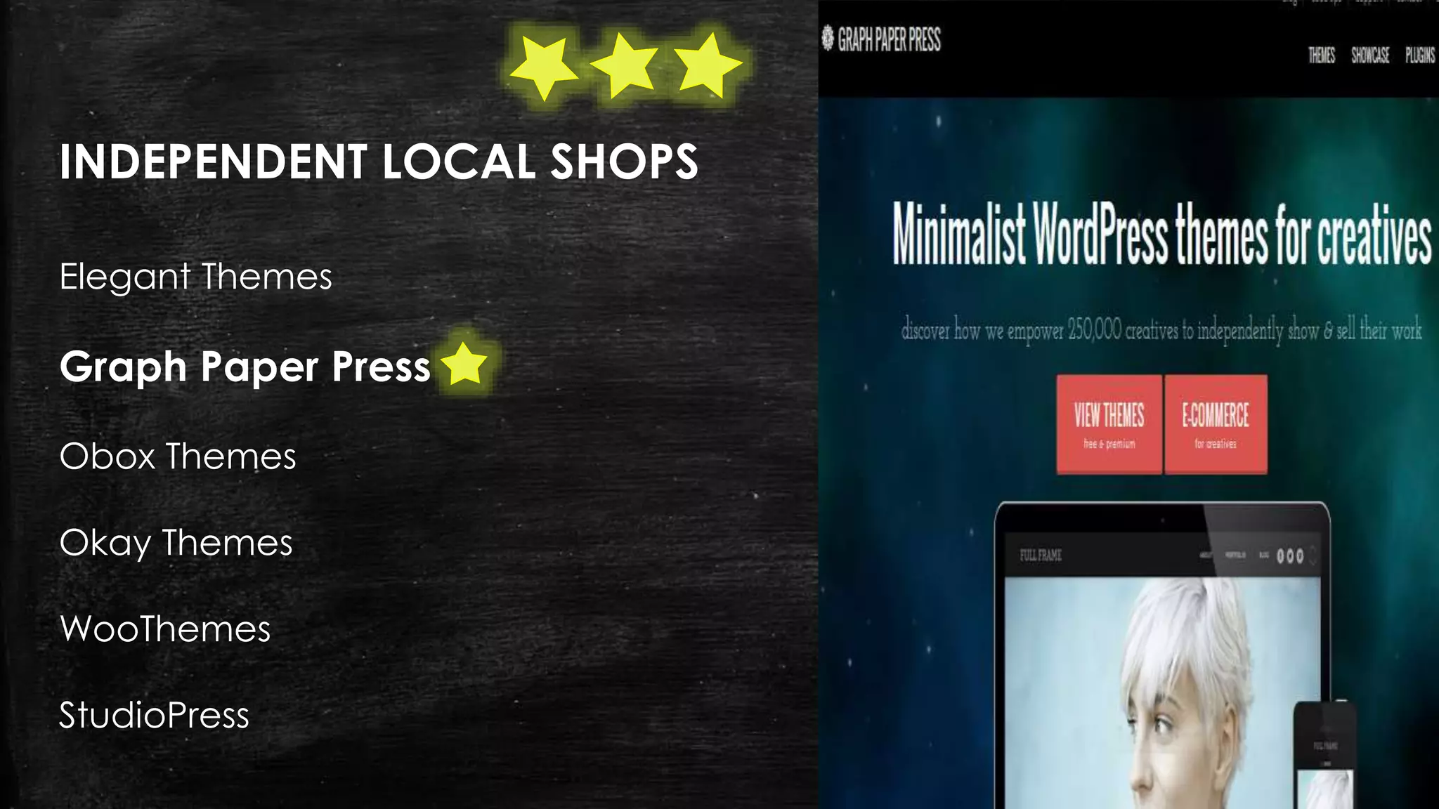 INDEPENDENT LOCAL SHOPS
Elegant Themes
Graph Paper Press
Obox Themes
Okay Themes
WooThemes
StudioPress
 