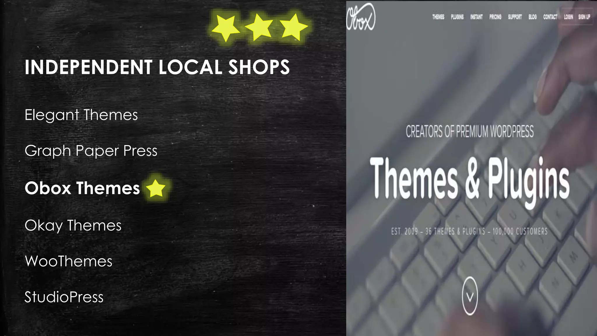 INDEPENDENT LOCAL SHOPS
Elegant Themes
Graph Paper Press
Obox Themes
Okay Themes
WooThemes
StudioPress
 