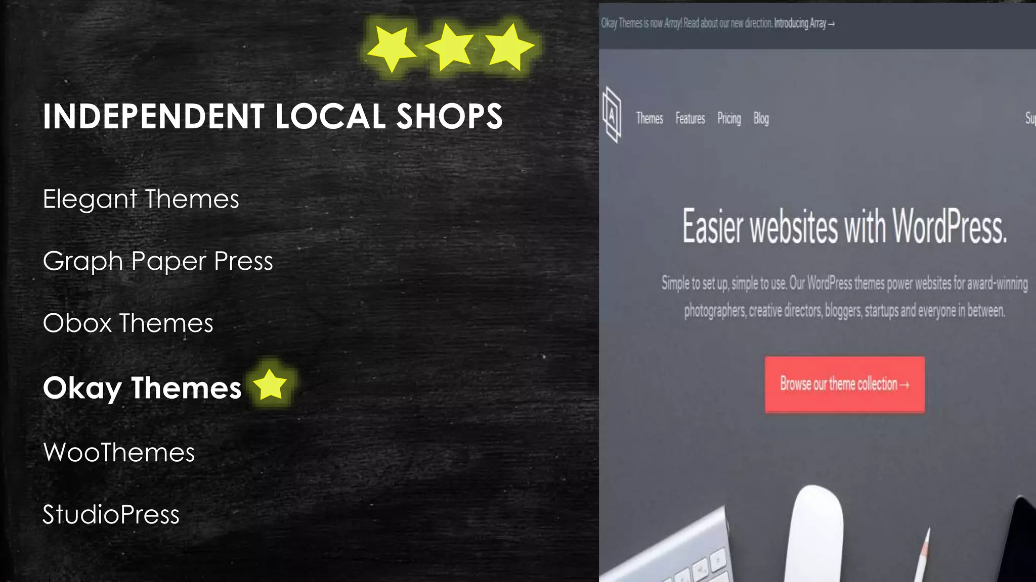 INDEPENDENT LOCAL SHOPS
Elegant Themes
Graph Paper Press
Obox Themes
Okay Themes
WooThemes
StudioPress
 
