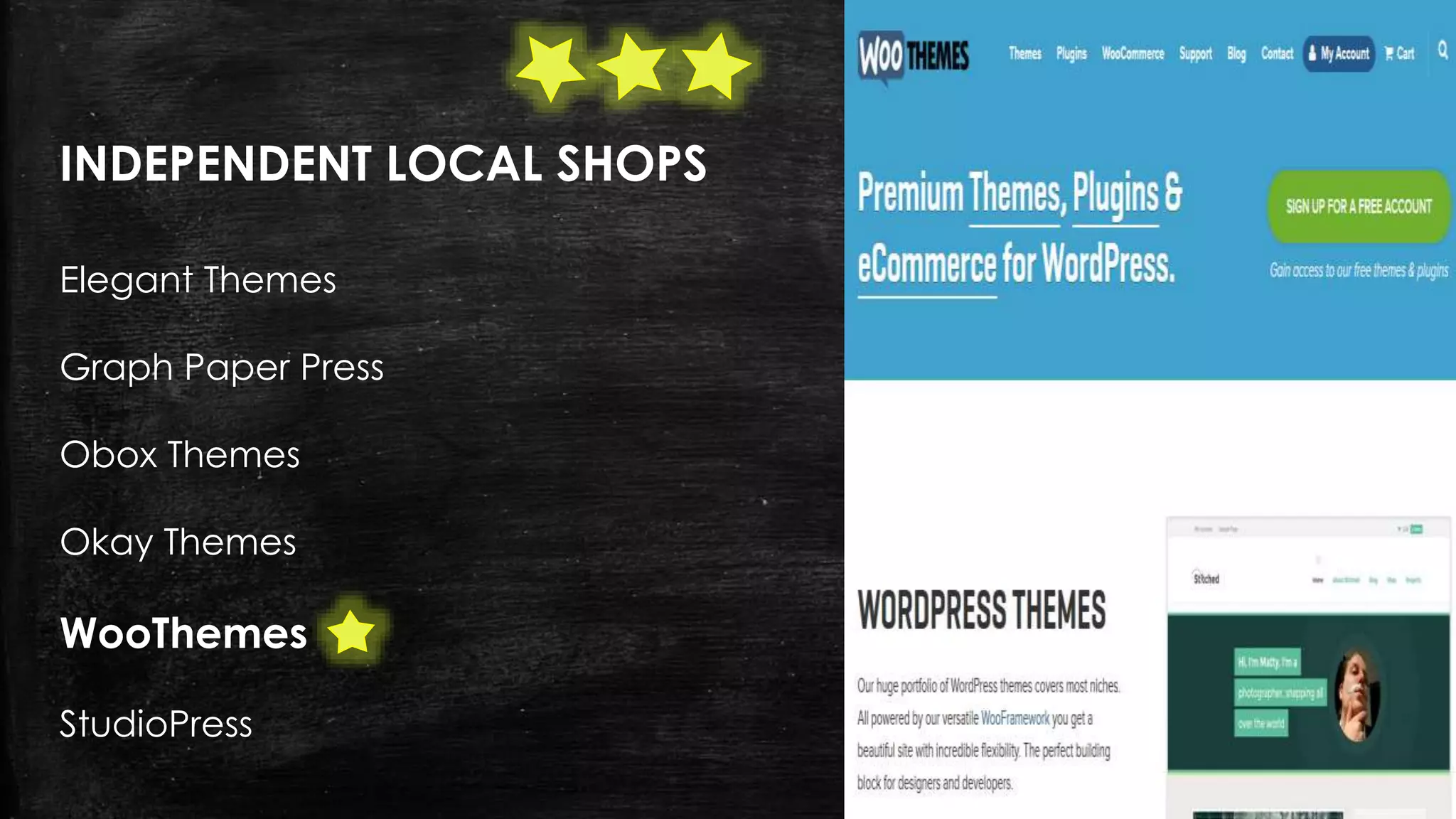 INDEPENDENT LOCAL SHOPS
Elegant Themes
Graph Paper Press
Obox Themes
Okay Themes
WooThemes
StudioPress
 