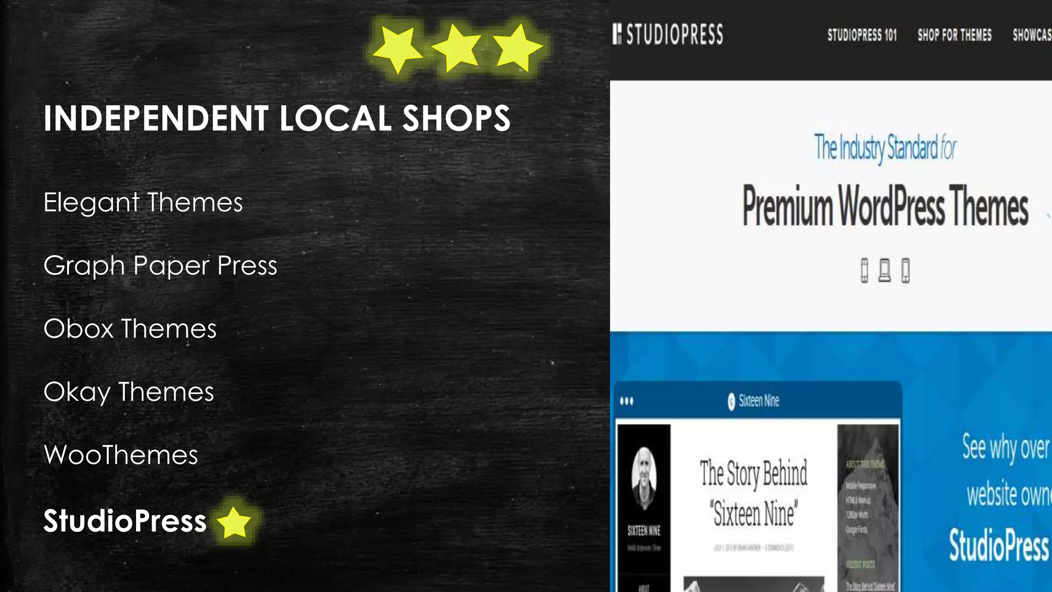 INDEPENDENT LOCAL SHOPS
Elegant Themes
Graph Paper Press
Obox Themes
Okay Themes
WooThemes
StudioPress
 