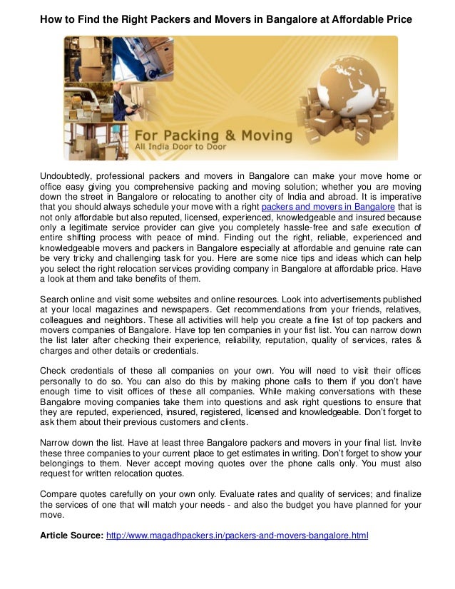 How to Find the Right Packers and Movers in Bangalore at Affordable Price