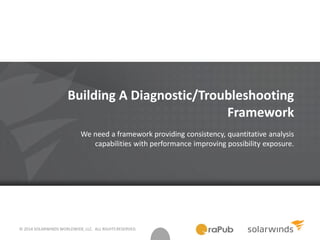 © 2014 SOLARWINDS WORLDWIDE, LLC. ALL RIGHTS RESERVED.
Building A Diagnostic/Troubleshooting
Framework
We need a framework providing consistency, quantitative analysis
capabilities with performance improving possibility exposure.
 