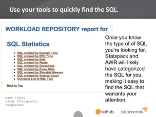 Use your tools to quickly find the SQL.
base views:
v$sql (Statspack),
v$sqlstats
Once you know
the type of of SQL
you’re looking for,
Statspack and
AWR will likely
have categorized
the SQL for you,
making it easy to
find the SQL that
warrants your
attention.
 