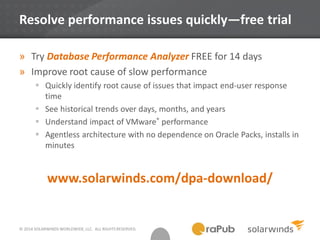 © 2014 SOLARWINDS WORLDWIDE, LLC. ALL RIGHTS RESERVED.
Resolve performance issues quickly—free trial
» Try Database Performance Analyzer FREE for 14 days
» Improve root cause of slow performance
 Quickly identify root cause of issues that impact end-user response
time
 See historical trends over days, months, and years
 Understand impact of VMware® performance
 Agentless architecture with no dependence on Oracle Packs, installs in
minutes
www.solarwinds.com/dpa-download/
 