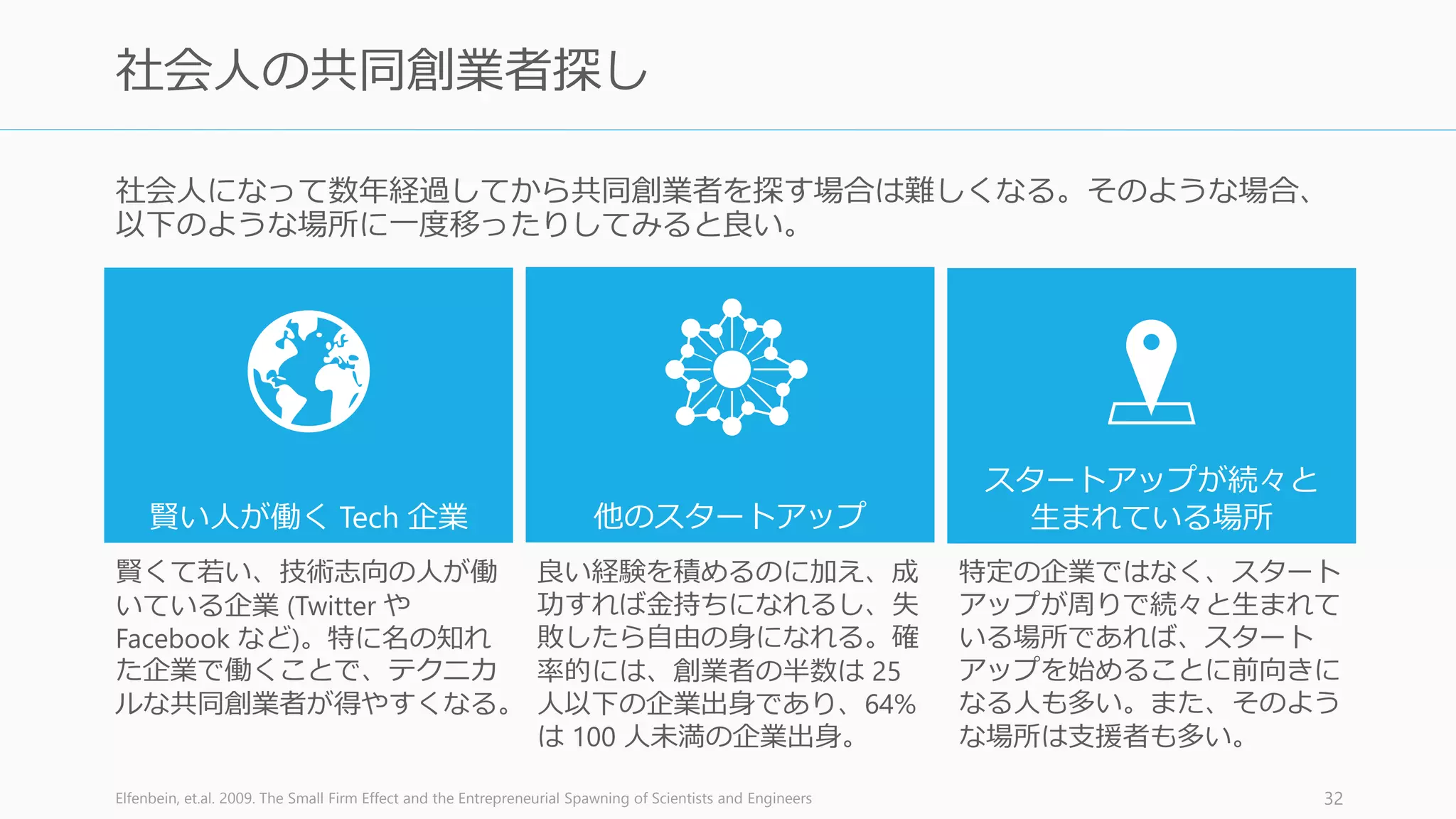 プロジェクトはただ自分の好きなことを、自分の好きな人たちとやろう。そうすればよい
共同創業者が見つかりやすいし、スタートアップのアイデアにもなる。
32
自分の興味あるサイドプロジェクトに一緒に取り組む
大学の友達 会社の同僚 & 古くからの友人
多くの大学や企業では起業に繋がる授業やコン
テストを行っている。そうした場所に共同創業
者候補と一度出てみること。
学校
• 東京大学『アントレプレナー道場』『Todai to
Texas』『FLY Program』
企業
• Microsoft 『Imagine Cup』
スタートアップを立ち上げることがなくても、
自分のプロジェクトに取り組むことは学生時代
の代え難い経験になる。
ハッカソンや週末プロジェクトで短期でも良い
ので一緒に何かを作ってみる。その他コンテス
ト出場を目指して作るなど、締め切りを設ける。
学校（卒業生、関係者受付）
• 東京大学『Todai to Texas』
• 社会人大学院のプログラム等
企業
• 『TechCrunch ハッカソン』『Mashup
Awards』『Google for Nonprofits』など
多くのスタートアップはサイドプロジェクトか
ら生まれたものだったりする。
 