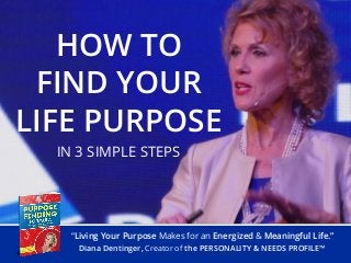 “Living Your Purpose Makes for an Energized & Meaningful Life.”
Diana Dentinger, Creator of the PERSONALITY & NEEDS PROFILE™
HOW TO
FIND YOUR
LIFE PURPOSE
IN 3 SIMPLE STEPS
 